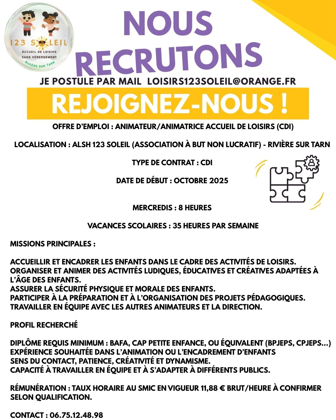 Lire la suite à propos de l’article Le centre de loisirs 123 soleil recrute